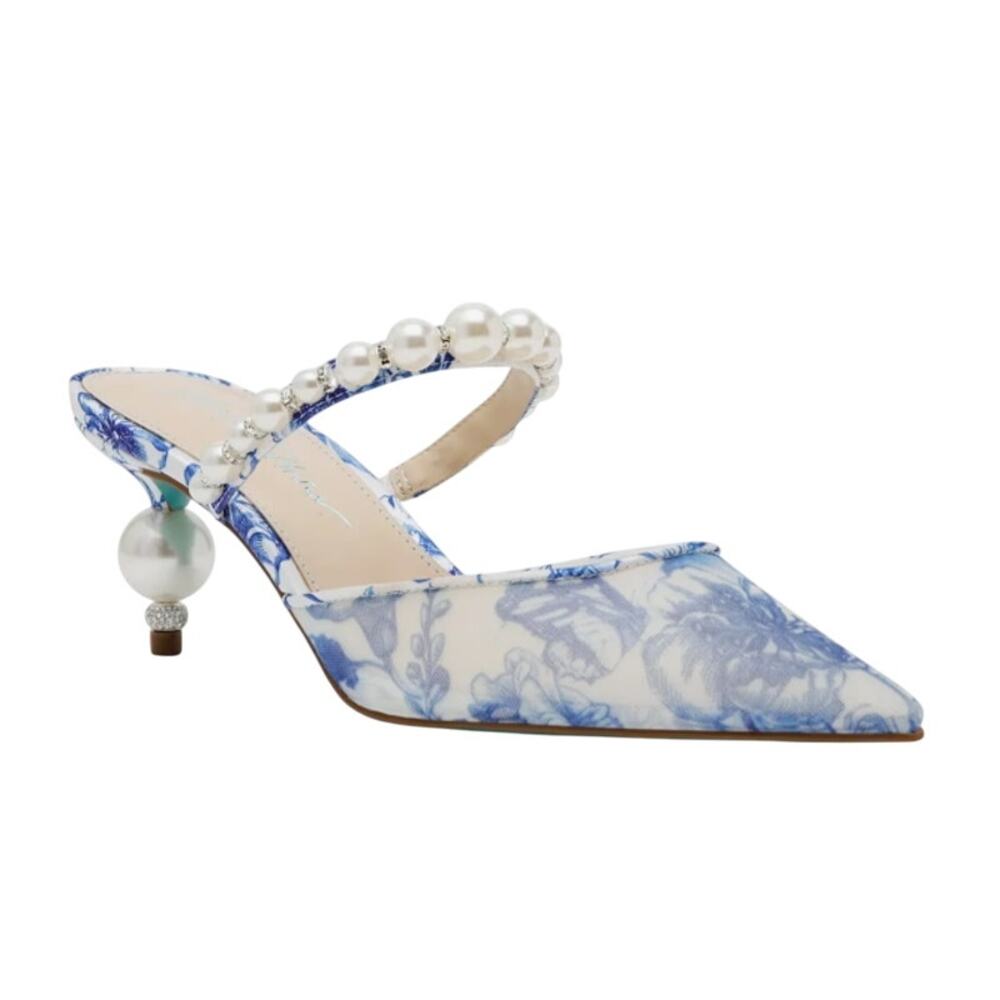 Betsey Johnson Blue and White Heels with Pearl Accents